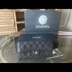 Chanel brand new caviar long classic flap wallet